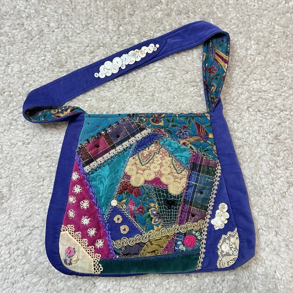 Womens Handmade Quilted Hobo Bag Multicolor Embroidered Buttons Boho Hippie Vtg
